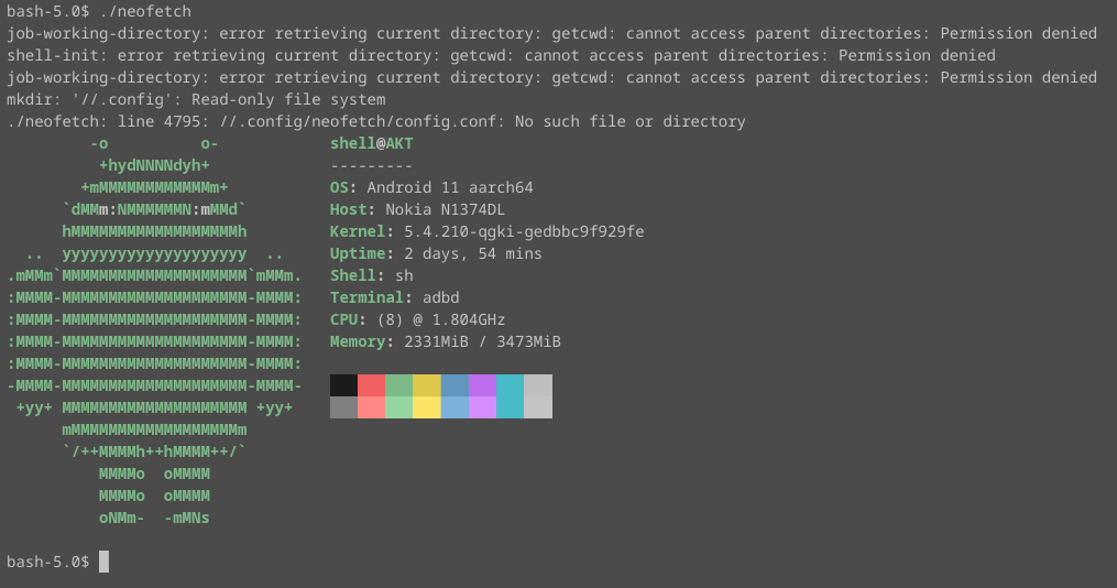 Neofetch running on Android over ADB.
